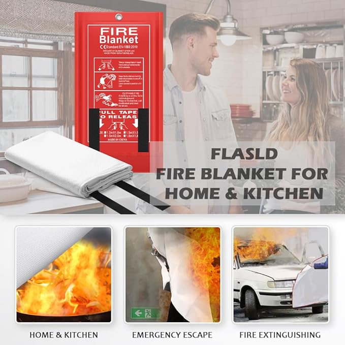 FLASLD Fire Blanket for Home, Fiberglass Fire Blankets Emergency for People, 2 Pack - Fire Suppression Blanket for Kitchen 40x40 Inch