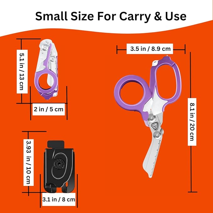 Heavy Duty Stainless Steel Emergency Response Multi-Functional Trauma Shears - Foldable, Survival Shears With Holster - Purple
