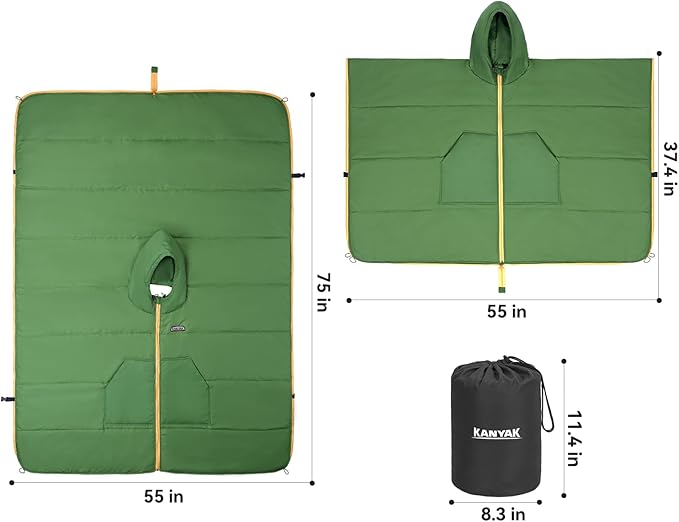 Camping Blanket Poncho, Large Wearable Blankets, 75 x 55 inch Cape, Windproof & Water-Repellent, Portable & Warm, for Outdoor, Sports, Travel, Car