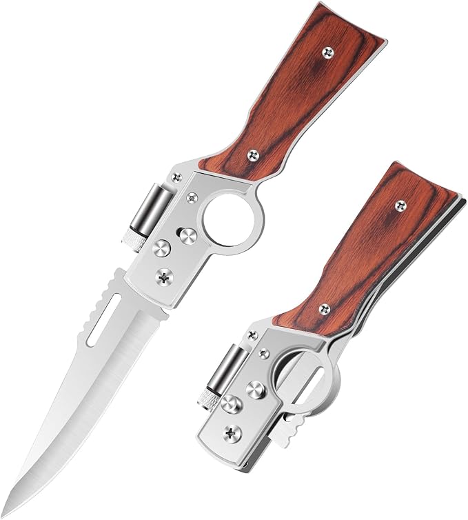 AK47 Style Tactical Folding Knife 4-Pack – Bulk Set with LED Light, Wood Handle, Laser Engraving Ready, Groomsmen Gifts for Men, Outdoor Camping Hiking Gear (4)