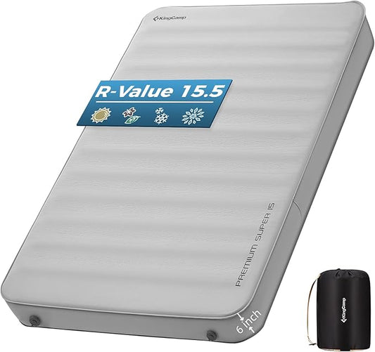 KingCamp Self Inflating Sleeping Pad, 6" Ultra Thick R 15.5 Air & Foam Camping Mattress 2 Person, Full Size Double Sleeping Pad for Camp Tent Outdoor Car, PVC Free, Grey