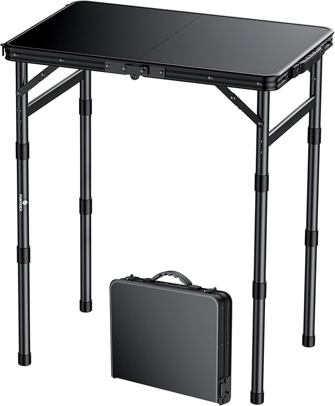 FUNYKICH Camping Table with Plastic Tabletop L22.8''xW15.7'', 3 Height Adjustable Small Folding Table, Lightweight Aluminum Portable Picnic Table with Carry Handle for Camping, Beach, Picnic, Black