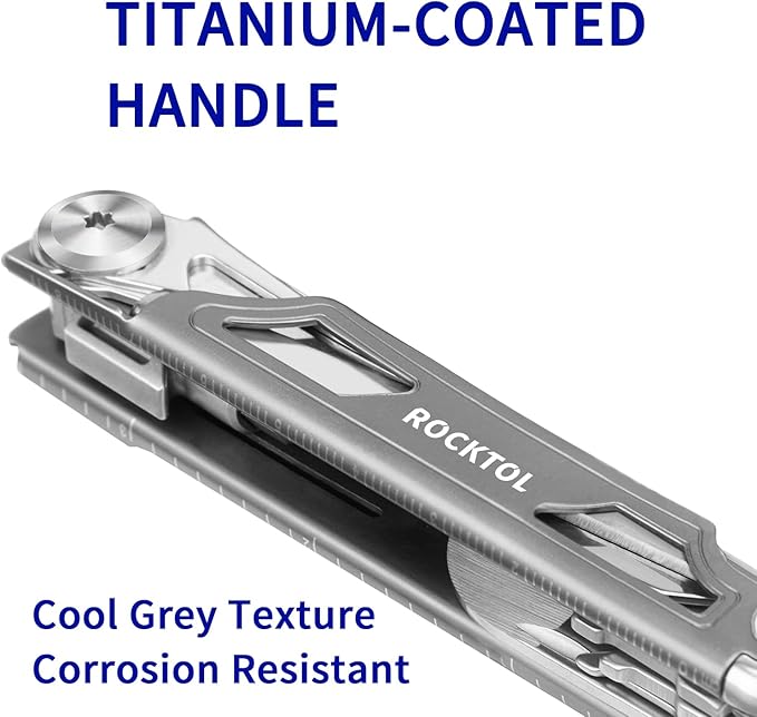 ROCKTOL Multitool Pocket Knife,12-in-1 Multitool Knife,Titanium-Plated Handle,Pocket Clip,Large Scissors,Stainless Steel for Camping, Hiking, Survival, multitool for Men