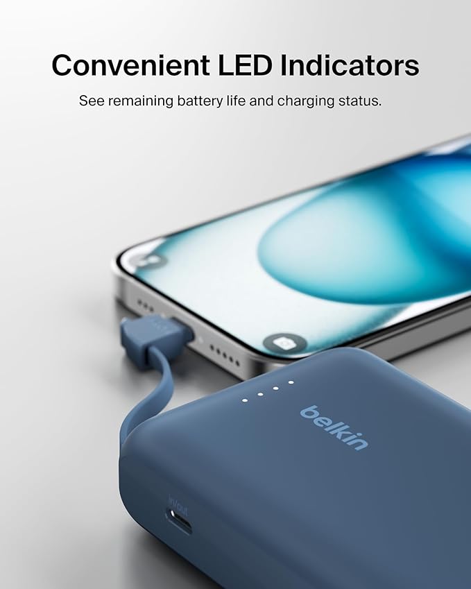 Belkin Portable Charger Power Bank USB C, 10000 mAh w/Integrated Cable, 20W Fast Charge USB-C Power Delivery, iPhone Charger, Apple iPhone 17, Air, Pro, Pro Max, iPad, Samsung Galaxy S25 - Blue
