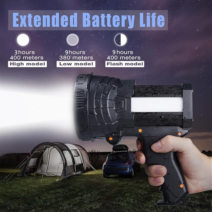 YIERBLUE Rechargeable Spotlight, Super Bright 2000000 High Lumen LED Handheld Spotlight Long Lasting Large Flashlight Searchlight and Flood Camping Flashlight with Foldable Tripod
