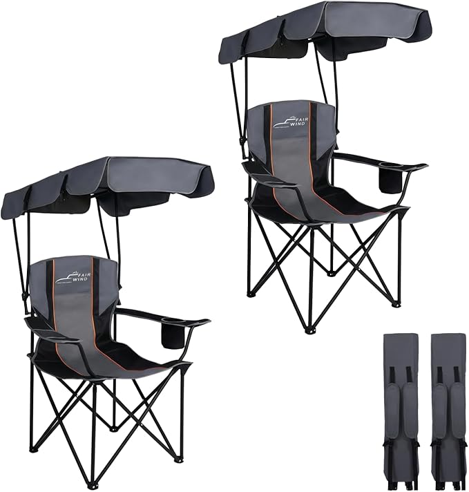 FAIR WIND 2 Pack Portable Canopy Camping Chair 380 LBS Capacity Heavy Duty Oversized Folding Lawn Chair with Sunshade for Beach, Fishing, Sports & Outdoors