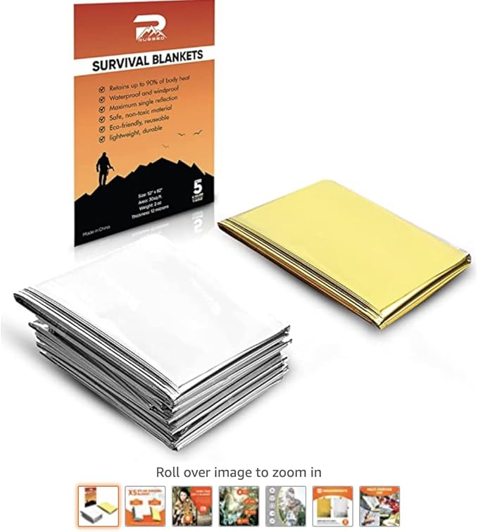Survival Blankets - Waterproof & Windproof Emergency Cover, Reflective Exterior - Helps Retain Body Heat - 12 Microns, Compact & Lightweight - 5-Pack, 4 Silver, 1 Gold - 52x82”, 2oz