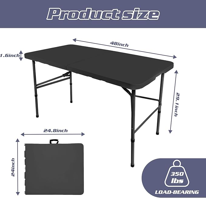Camp Field 4ft Heavy Duty Portable Table, for Friends Folding Table for Indoor & Outdoor Picnic & Card Table for Picnic, Party, Camping...(Black, 4FT)