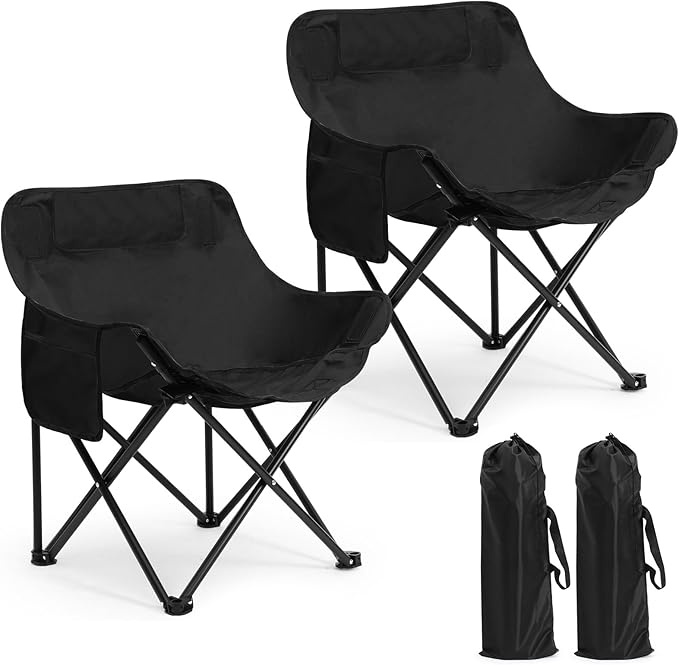 2 Pack Compact Camping Chairs Portable Folding for Outside with Carry Bag Lightweight Moon Chairs for Travel Picnic Hiking Beach Fishing, 600D Oxford, Supports 330lbs(Black)