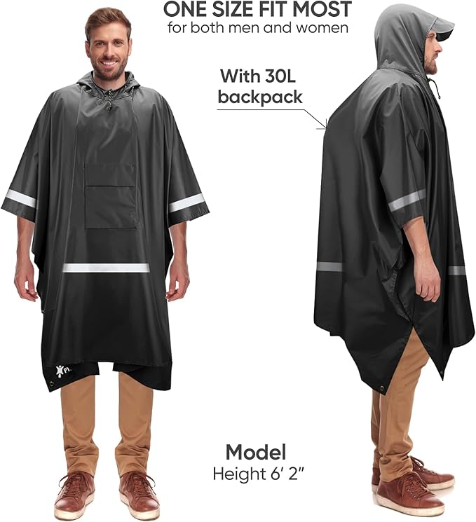 PTEROMY 3-in-1 Hooded Rain Poncho for Adult with Pocket, Waterproof Lightweight Unisex Raincoat for Hiking Camping Emergency