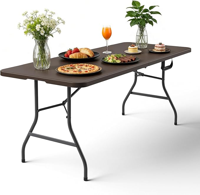 Folding Table 72" x 30" - Heavy Duty Plastic Table with Handle, Foldable&Portable, Fold-in-Half Utility Tables for Outdoor, Dining, Wedding, Events, Indoor, Picnic, Camping, Party, Brown