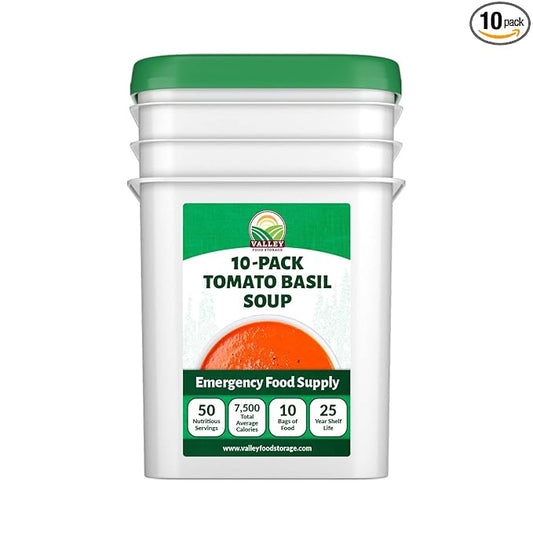 Valley Food Storage Tomato Basil Soup | 10-Bag Bucket, 50 Servings | Premium Emergency Food Supply with 25 Year Shelf Life | Survival Meal Kits, Prepper Food, Camping & Off-Grid Living Supplies | Packaged in USA