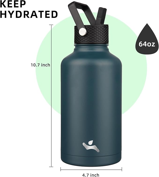 Konokyo Half Gallon Insulated Water Bottle with Straw,64 oz 3 Lids Water Jug with Carrying Bag,Paracord Handle,Double Wall Vacuum Stainless Steel Metal Flask,Navy Blue