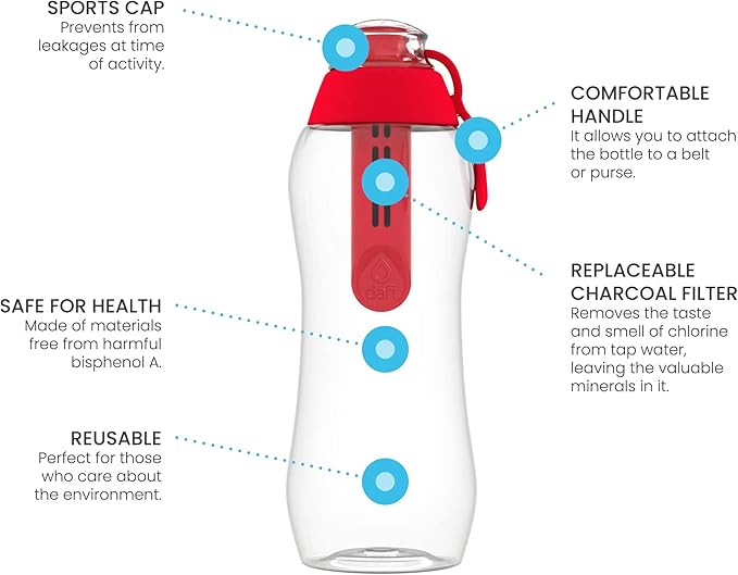 Dafi Sport Water Bottle with Filter RED | 10 oz | personal reusable water bottle, backpacking filter replacement, tap water straw purifier, water for travel | Made in Europe