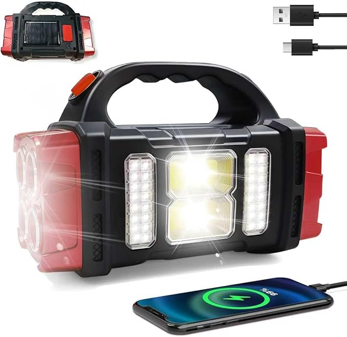 Versatile Solar Flashlight with Dual Charging Modes | 4 Light Modes USB/Solar Powered| Portable Emergency Charger & Outdoor Camping Light (Red)