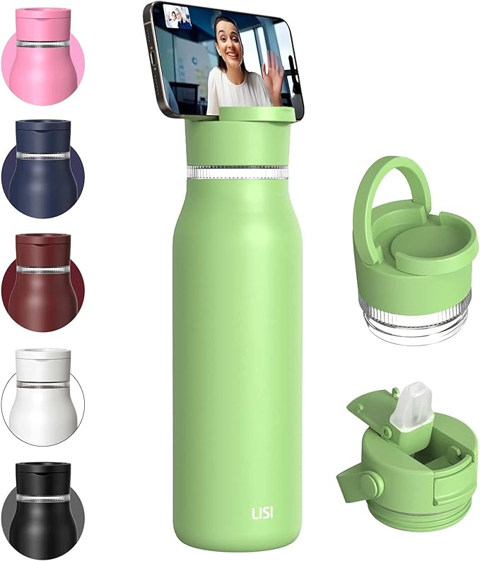 LISI 40oz Insulated Water Bottle, Double Wall Stainless Steel Water Bottles with Straw, 100% Leak-Proof Travel Thermal Canteen Mug with 2 Lids (Straw, Phone Holder Lid)