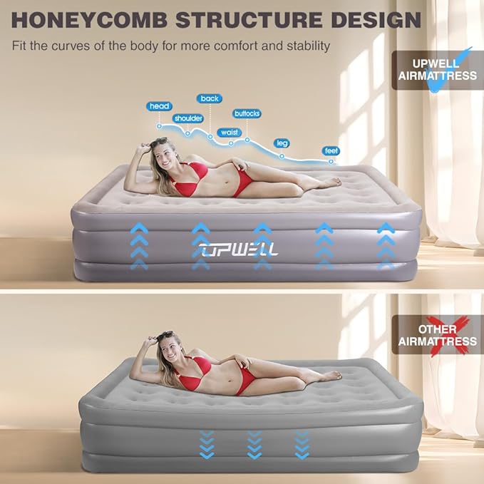 UPWELL Inflatable Air Mattress Queen with Built in Pump Comfort Blow up Bed Waterproof Fast&Easy Set up Dura Beam Strong Support Mattress for Home Guests & Camping Grey