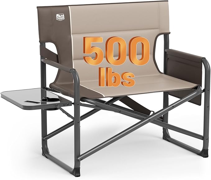 Timber Ridge XXL Director’s Chair – Heavy Duty Folding Camping Chair for Adults, 500lb Capacity, Extra Wide Padded Seat for Camping, Sports, Lawn, Courtyard, and Outdoor Use, Tan