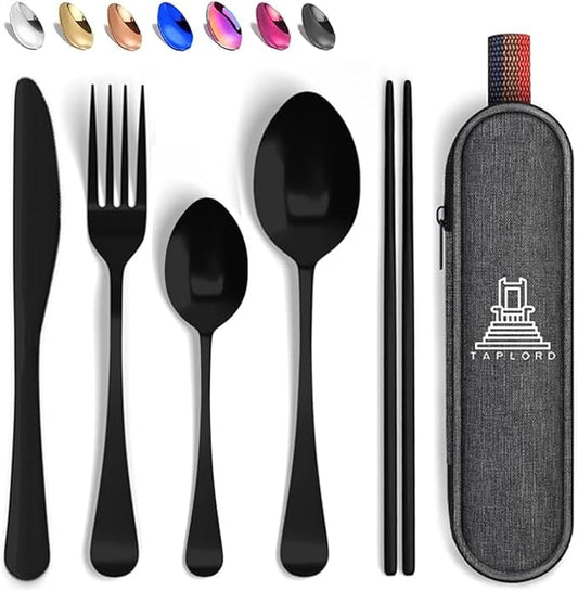 Taplord Portable Travel Silverware Set With Case, Includes 5 Pcs of Travel Utensils With Case, Stainless Steel Flatware Set For Camping, Easy to Travel, Lightweight (Black), Medium, TL-05B