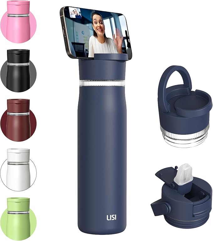 LISI 24oz Insulated Water Bottle, Double Wall Stainless Steel Water Bottles with Straw, 100% Leak-Proof Travel Thermal Canteen Mug with 2 Lids (Straw, Phone Holder Lid)