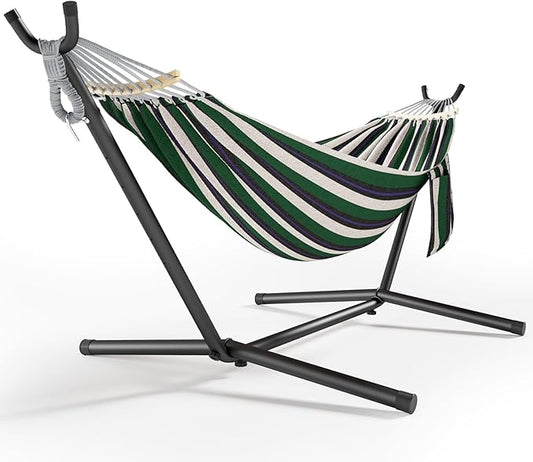 600lbs Hammock with Stand for Outside, 2 Person Portable Hammock with Side Storage, Carrying Bag, Expend Wooden Bar for Outdoor or Indoor (Green Black)