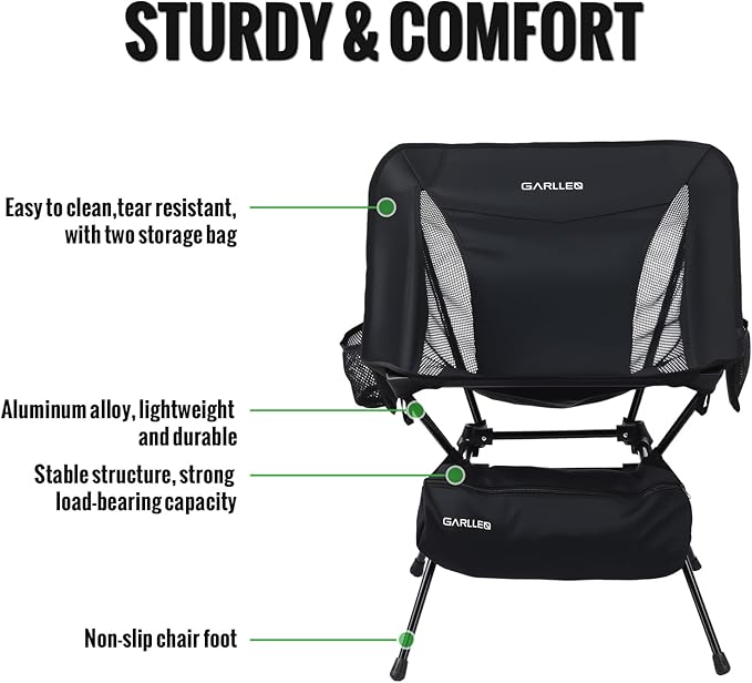 GARLLEN Portable Camping Chair 400LBS Capacity, Folding Backpacking Chair with Both Side Pockets, Folding Travel Chair with Carrying Bag & Anti-Slip Feet for Camping, Hiking, Picnic, Beach