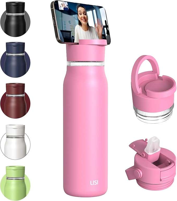 LISI 30oz Insulated Water Bottle, Double Wall Stainless Steel Water Bottles with Straw, 100% Leak-Proof Travel Thermal Canteen Mug with 2 Lids (Straw, Phone Holder Lid)