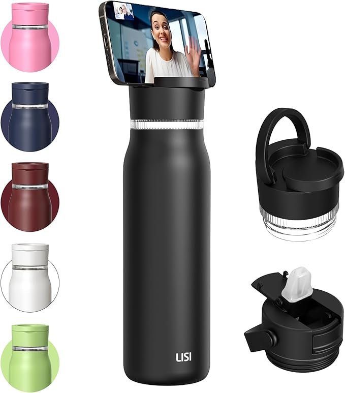 LISI 30oz Insulated Water Bottle, Double Wall Stainless Steel Water Bottles with Straw, 100% Leak-Proof Travel Thermal Canteen Mug with 2 Lids (Straw, Phone Holder Lid)