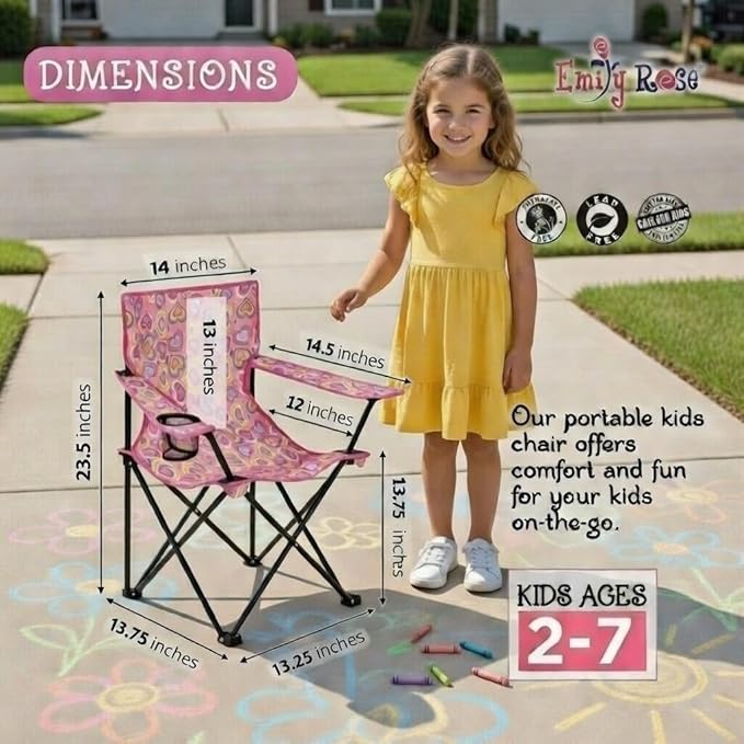 Emily Rose Kids Folding Beach Camp Chair with Cup Holder, Safety Lock & Matching Carry Case (Playful Hearts) – Toddler Travel Chair for Girls Ages 2–7 – Indoor Outdoor Lightweight USA Brand