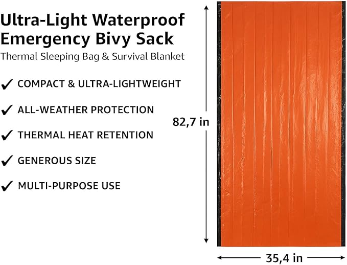 Ultra-Light Waterproof Emergency Bivy Sack – Thermal Sleeping Bag & Survival Blanket for Outdoor Camping, Hiking, and Emergency Preparedness, Green and Orange