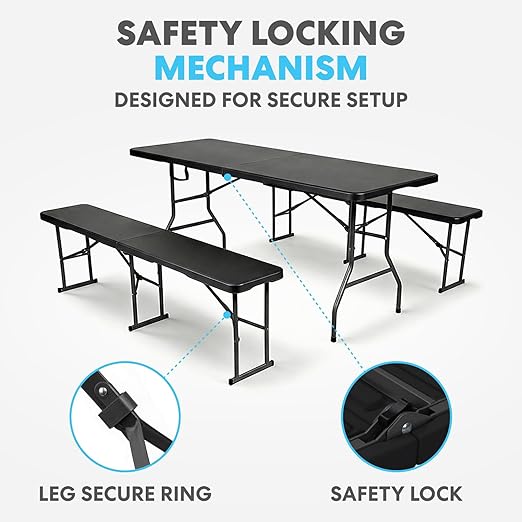 Simpli-Magic 6 Foot Folding Picnic Table Set with 2 Benches Portable Indoor Outdoor Camping Table for Working Meeting Party Picnic Weddings with Handle and Safety Locks Black