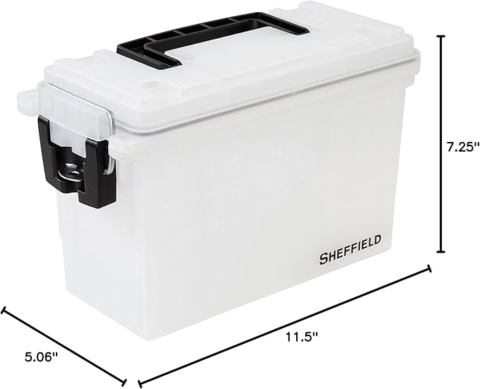 Sheffield 12635 Ammo Storage Box, Stackable .30 Cal Field Boxes, Water and Dust Resistant, Lockable Storage Box with Handle, Secures Hunting Gear, Supplies, and Bullets, Made in USA, Frost(Pack of 6)