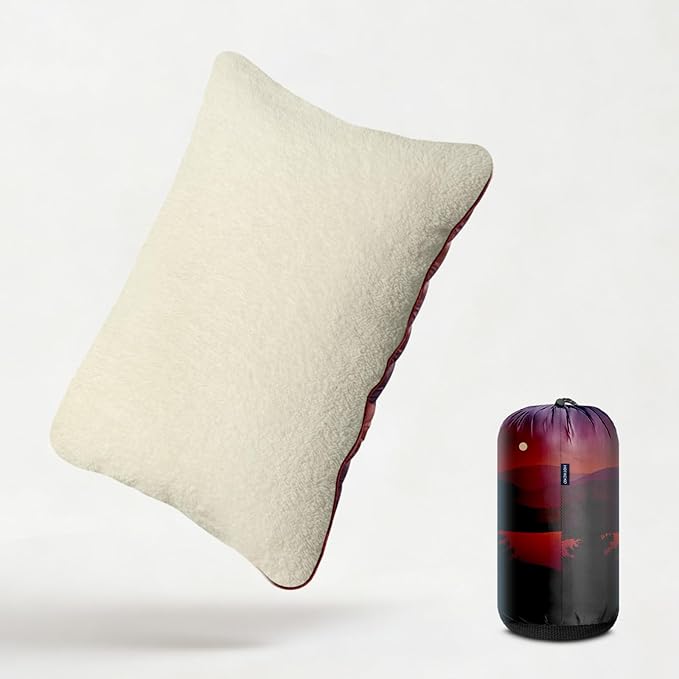 Camping Pillow, Sherpa Lining Travel Pillow Supportive Compressible Lightweight Camp Pillow with Storage Bag for Camping,Hiking,Backpacking,Airplane