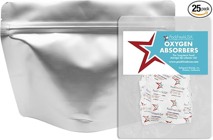 PackFreshUSA: MRE Mylar Bags (9.5" x 6.5" x 4.5") Full-Portion - Stand-Up Pouch - 200cc Oxygen Absorbers- Long-Term Food Storage - 7.5 Mil Thick - Resealable - Heat Sealable - Food Grade (25)