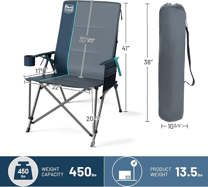 TIMBER RIDGE Oversized Camping Chair with Lumbar Support, Portable Folding Chair Heavy Duty for Adults Supports 450 LBS for Outdoor Camping Lawn, with High Back, Cup Holder, Side Pocket, Blue