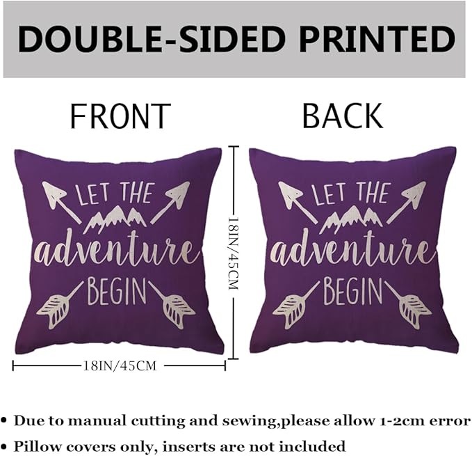 ULOVE LOVE YOURSELF Adventure Arrow Throw Pillow Covers Mountain Forest Pillowcases 18 x 18 Inch Let The Adventure Begin Decorative Cushion Covers for Cabin/Camper (Purple)