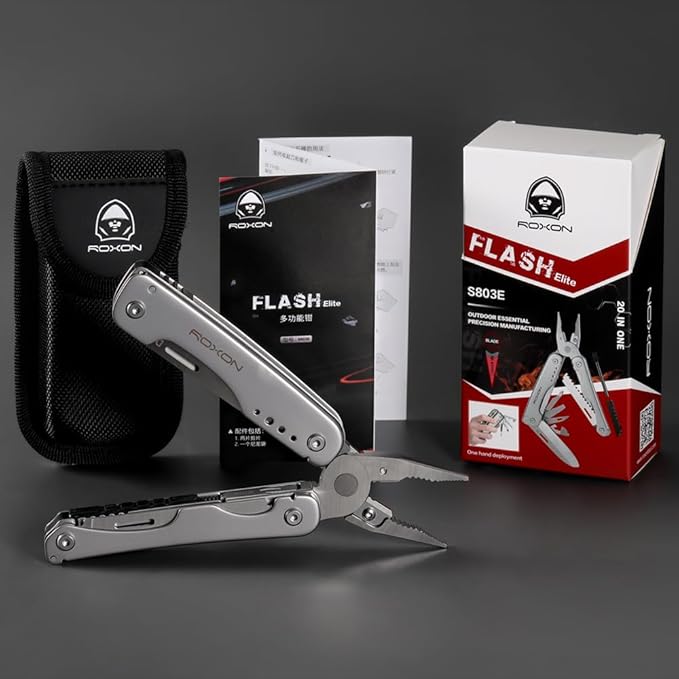 ROXON S803E Elite Flash Multitool with 20 functions including strong pliers, Flint Rod, full-size lockable blades for Outdoor Essential Survival Tool (D2 Blade)