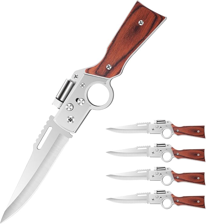 AK47 Style Tactical Folding Knife 4-Pack – Bulk Set with LED Light, Wood Handle, Laser Engraving Ready, Groomsmen Gifts for Men, Outdoor Camping Hiking Gear (4)