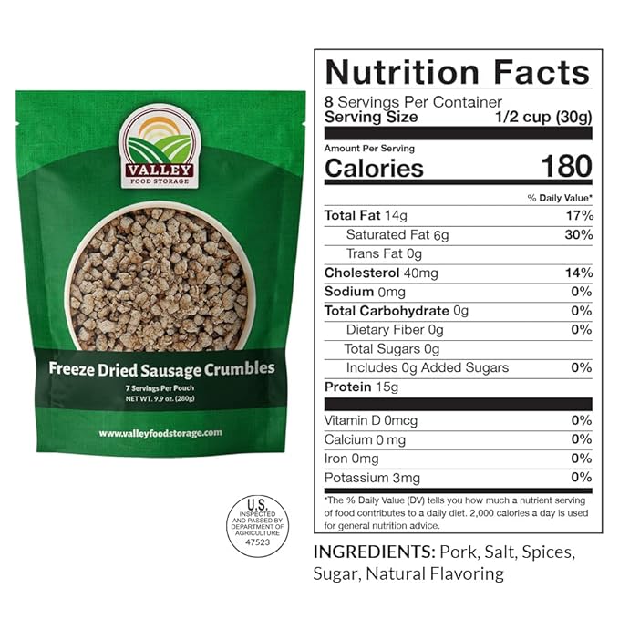 Valley Food Storage Freeze Dried Sausage Crumbles | 10-Bag Bucket, 85 oz | Premium Emergency Food Supply, 25 Year Shelf Life | Prepper Supplies, Survival Food, Camping & Off-Grid Living | Packaged in USA