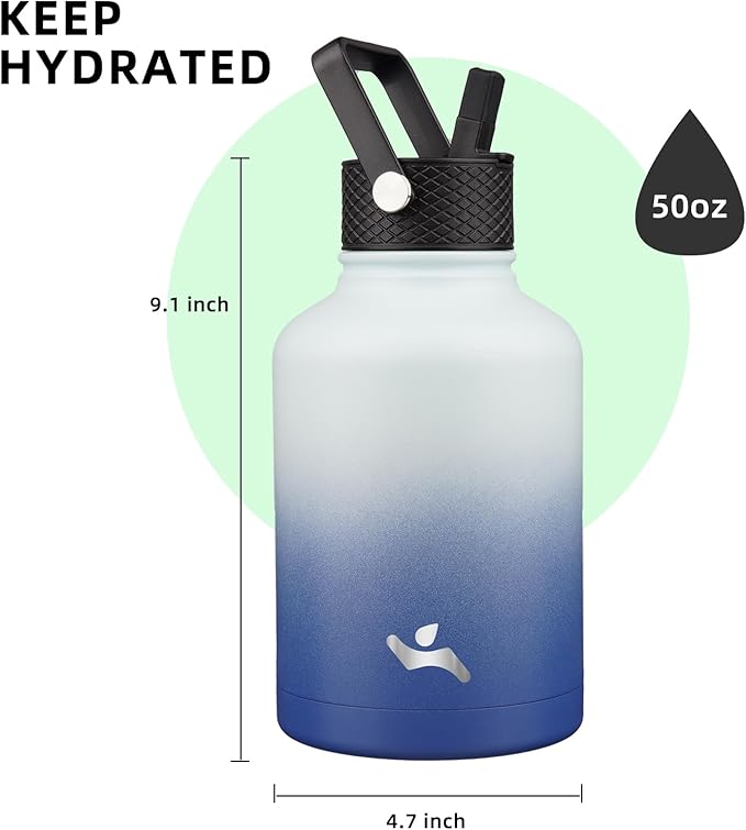 Konokyo Insulated Water Bottle with Straw,50 oz 3 Lids Water Jug with Carrying Bag,Paracord Handle,Double Wall Vacuum Stainless Steel Metal Flask,Sky