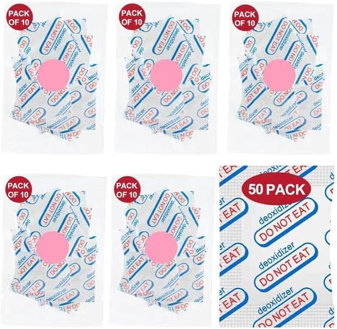 50 Packs 500CC Food Grade Oxygen Absorbers （10 Packs in Individual Vacuum Bag, 5X Packs of 10, Oxygen Absorbers For Long Term Food Storage, with Oxygen Indicator, for Mylar Bags, Mason Jars