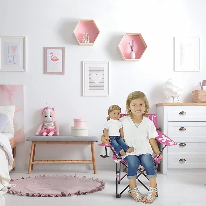Emily Rose Kids Pink Folding Beach Camp Chair with Cup Holder Safety Lock & Carry Case - Toddler Girls Chair Ages 2-7 Indoor Outdoor Lightweight Portable - Floral Design 125lb Capacity