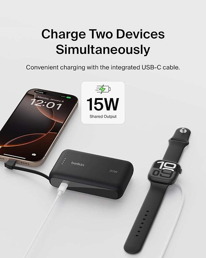 Belkin Portable Charger Power Bank USB C, 10000 mAh w/Integrated Cable, 20W Fast Charge USB-C Power Delivery, iPhone Charger, Apple iPhone 17, Air, Pro, Pro Max, iPad, Samsung Galaxy S25 - Black