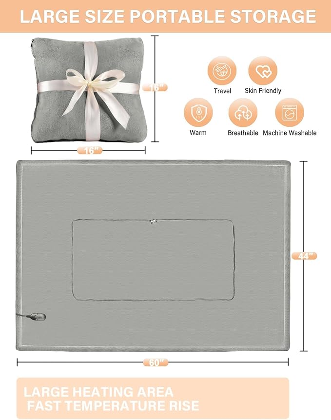Car Heated Blanket, 12/24V Portable Heated Blanket for Car, Machine Washable Flannel Travel Blanket, 3 Heating Levels, 60x44 Inches, 4-in-1 Design, Convenient Storage for Camping,Grey