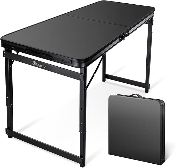 4FT x 2FT Folding Camping Table with Aluminum Alloy Legs, Adjustable Height Portable Outdoor Picnic Table for Camping, Travel, Parties, Kids Crafts, and Market Vendor Use