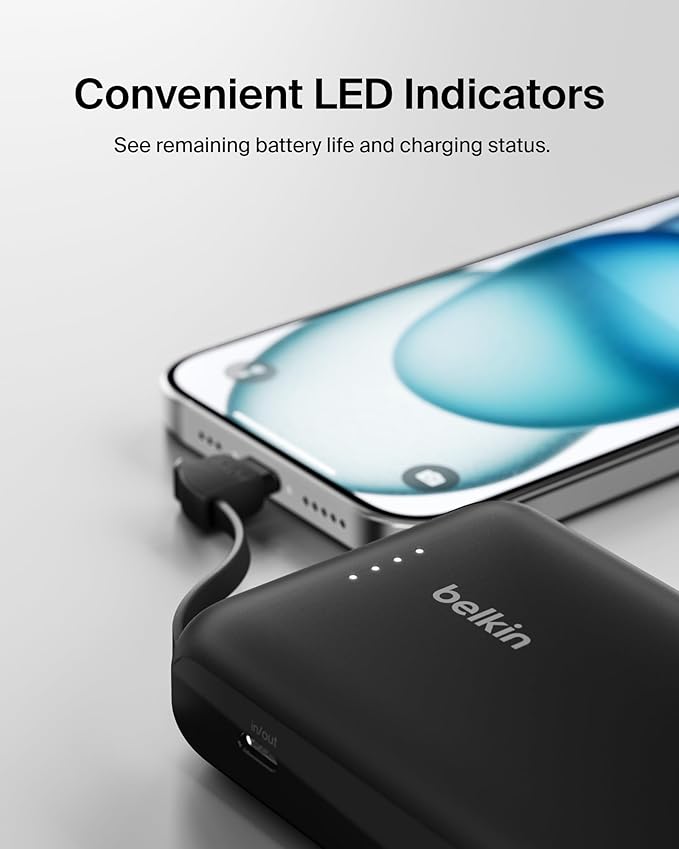 Belkin Portable Charger Power Bank USB C, 10000 mAh w/Integrated Cable, 20W Fast Charge USB-C Power Delivery, iPhone Charger, Apple iPhone 17, Air, Pro, Pro Max, iPad, Samsung Galaxy S25 - Black