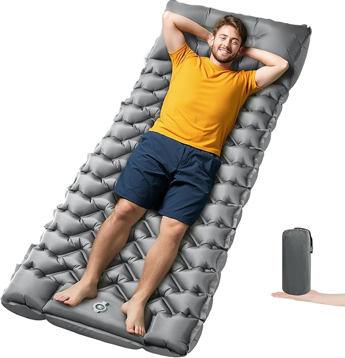 Ultralight Sleeping Pad for Backpacking, 4" Thick & 1.9 lb, with Built-in Pillow & Fast Foot Pump, Compact Inflatable Mat for Hiking and Camping