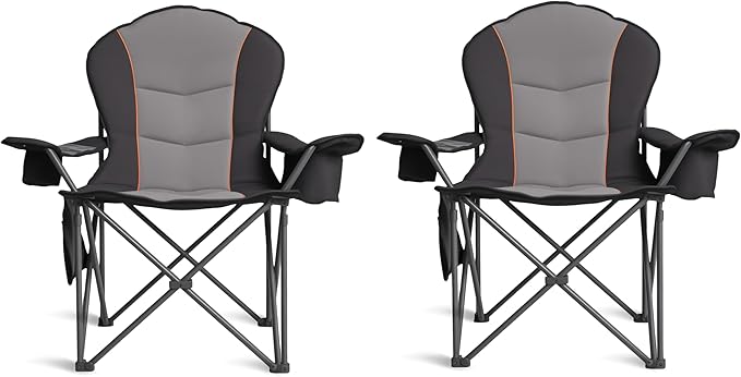 Oversized Camping Chair Heavy Duty- Portable Folding Chair, Cup Holder & Waterproof Phone Case for Adults, Beach, Hiking, Backyard (Black & Gray, 2 PCS)