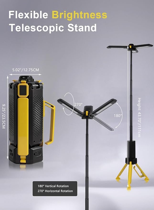 15000mAh Rechargeable Telescopic Camping Light, Portable Flashlight & Lantern with Reinforced Tripod Base, Height Adjustable Dimmable Tent Light, Power Bank for Outdoor BBQ, Hiking, Job Site, Yellow