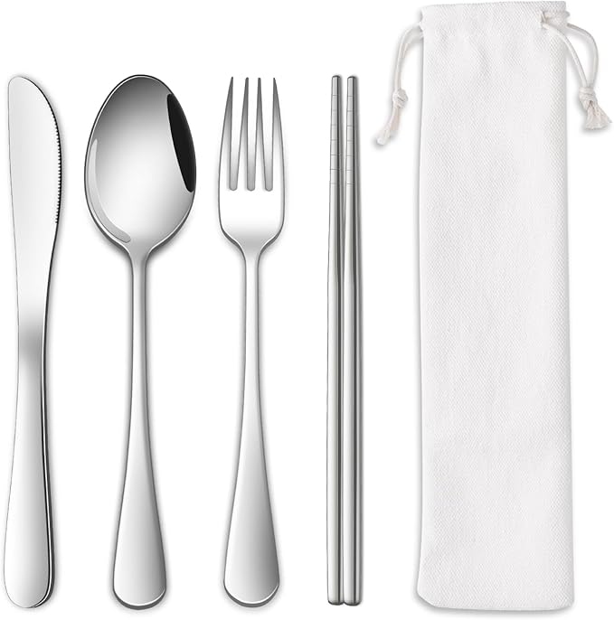 DEHOV Travel Utentils Set With Pouch,Reusable Portable Camping Silverware Set Knife Spoon Fork Chopsticks For Picnic,Travel Accessories Gadgets,Picnic Essentials